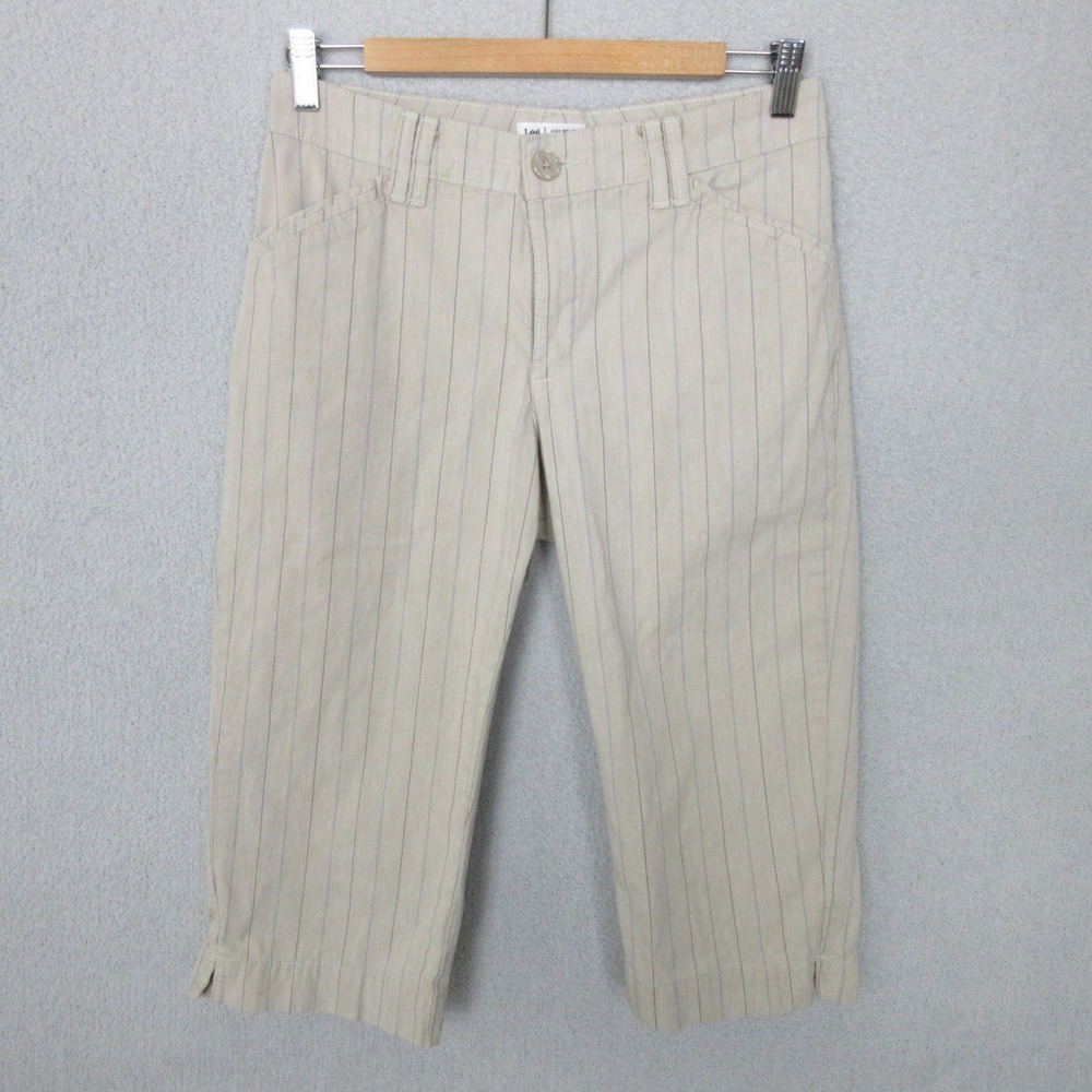 Lee Women's Striped Capri Pants Beige Blue Size 6 Petite Cropped Casual